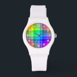 Regenboog, aangepast horloge<br><div class="desc">Dit regenboogvlakpatroon is helder en kleurrijk,  met een licht textuureffect. Het is een levendig,  levendig ingecheckt patroon dat er  uitziet als een achtergrond voor jouw tekst of foto. De horlogeaantallen zijn wit met een zwart overzicht.</div>