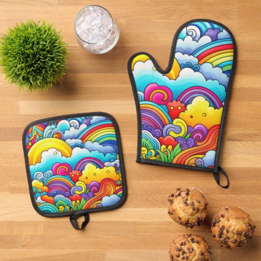 Regenboog achtergronden ovenwant & pannenlap set (Top down)