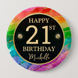 Regenboog Agate Gouden Glitter Verjaardagsbadge Ronde Button 4,0 Cm