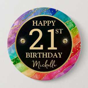 Regenboog Agate Gouden Glitter Verjaardagsbadge Ronde Button 4,0 Cm