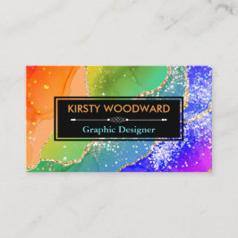 Regenboog Alcohol Ink & Gouden Nep Glitter Agate Visitekaartje