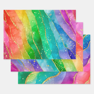 Regenboog Alcohol Inkt Goud Glitter Abstract Ontwe Inpakpapier Vel