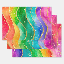 Regenboog Alcohol Inkt Goud Glitter Abstract Ontwe Inpakpapier Vel