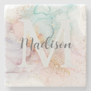 Regenboog Alcohol Inkt & Gouden Glitter Monogram N Stenen Onderzetter