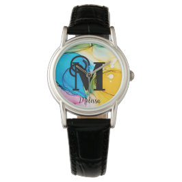  Regenboog Alcohol Inkt Monogram Naam Horloge