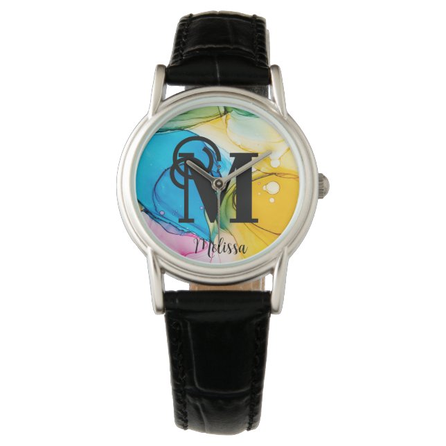  Regenboog Alcohol Inkt Monogram Naam Horloge (Voorkant)