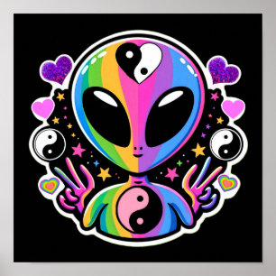 Regenboog Alien Yin Yang Sticker Trippy Vredeste Poster