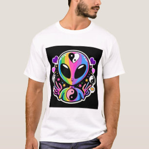 Regenboog Alien Yin Yang Sticker Trippy Vredeste T-shirt