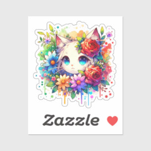 Regenboog Anime Kitten en bloemen Sticker