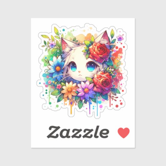 Regenboog Anime Kitten en bloemen Sticker (Vel)