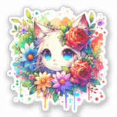 Regenboog Anime Kitten en bloemen Sticker (Voorkant)