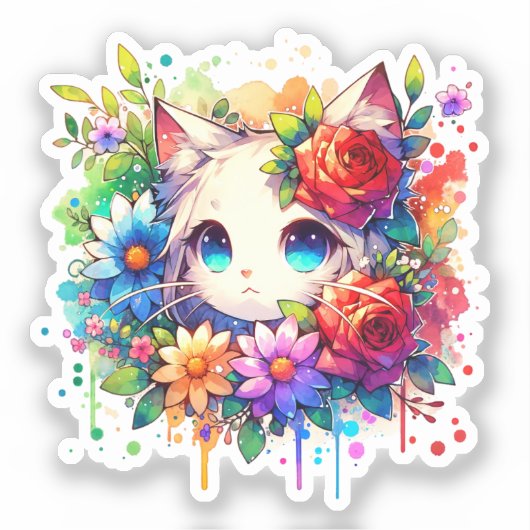 Regenboog Anime Kitten en bloemen Sticker (Voorkant)