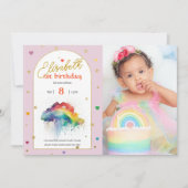 Regenboog aquarel 1e foto Verjaardag uitnodiging (Voorkant)