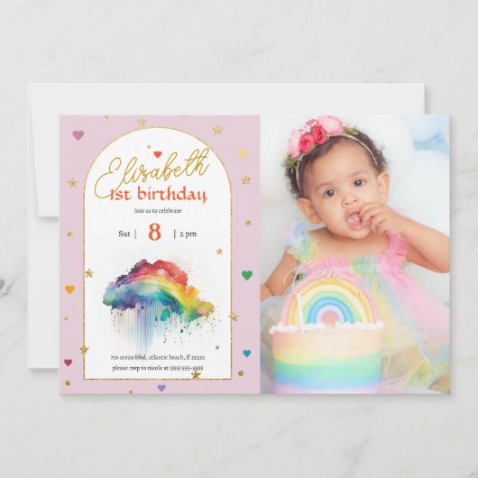 Regenboog aquarel 1e foto Verjaardag uitnodiging (Voorkant)