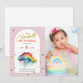 Regenboog aquarel 1e foto Verjaardag uitnodiging (Voorkant / Achterkant)