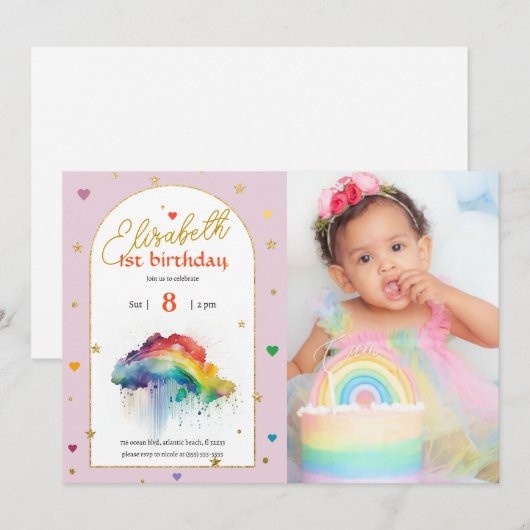 Regenboog aquarel 1e foto Verjaardag uitnodiging (Voorkant / Achterkant)