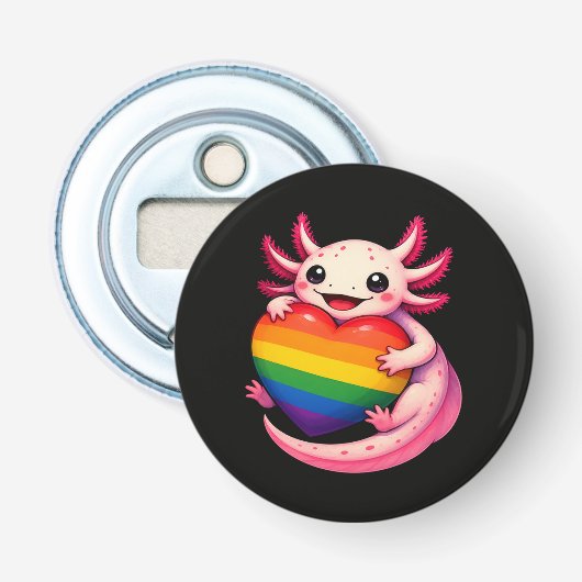 Regenboog Axolotl Hart Pride Amfibie Button Flesopener (Voorkant)