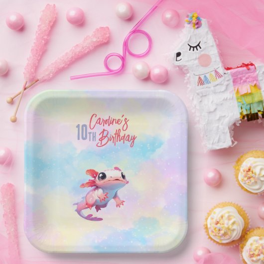 Regenboog axolotl meisje verjaardag papieren bordje (Feest)