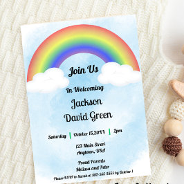 Regenboog Baby (Blauw) Borrel Uitnodiging