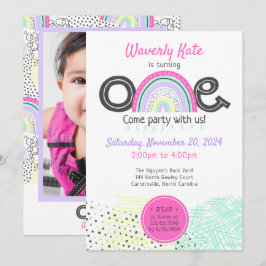 Regenboog Baby Meisje 1e Verjaardag Kawaii Doodle  Kaart