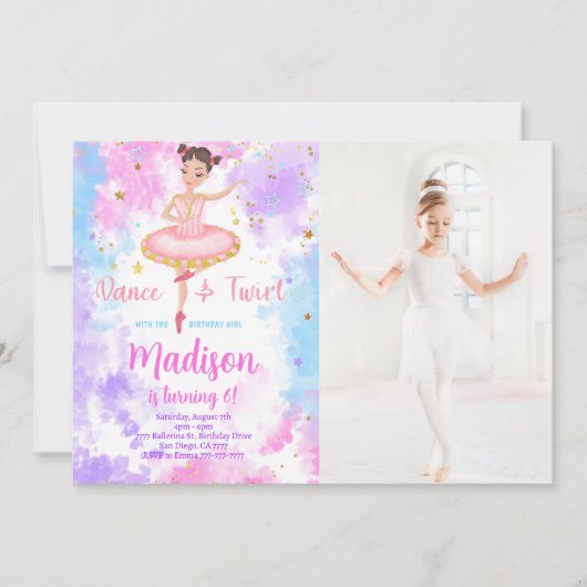 Regenboog Ballerina Foto Uitnodiging  (Voorkant)