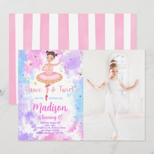 Regenboog Ballerina Foto Uitnodiging  (Voorkant / Achterkant)