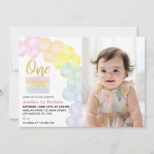 Regenboog ballon eerste verjaardag foto uitnodigin bedankkaart (Voorkant)
