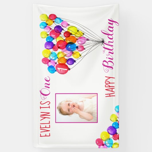 Regenboog BALLON Meisje 1e verjaardag Foto Roze Spandoek (Verticaal)