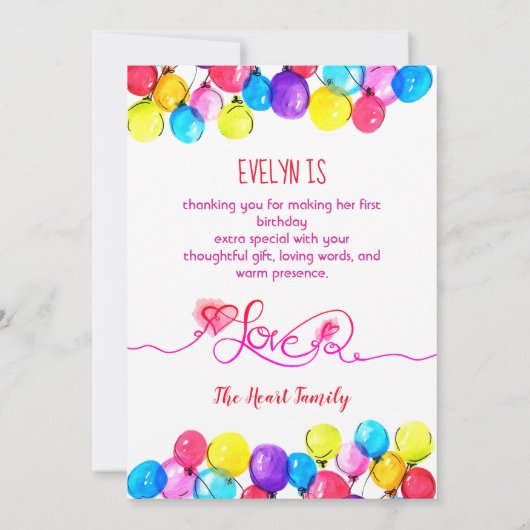 Regenboog BALLON Meisje 1e Verjaardag Roze Dank u Kaart (Achterkant)