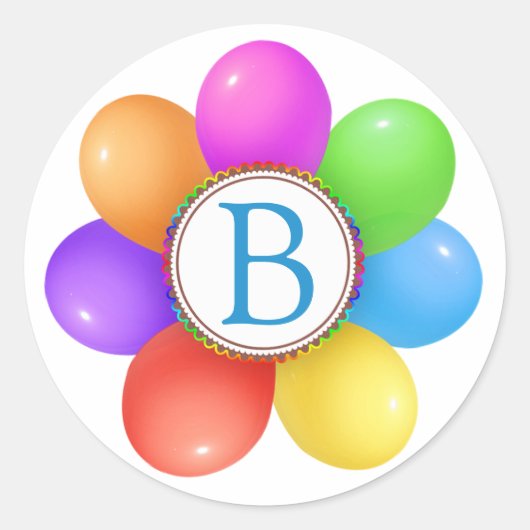 Regenboog ballonnen bloem monogram Verjaardag Ronde Sticker (Voorkant)