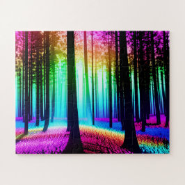 Regenboog betoverd bos met boom silhouetten legpuzzel