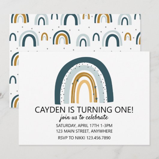 Regenboog Blauw en bruin jongen verjaardagsuitnodi Kaart (Voorkant / Achterkant)