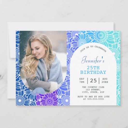 Regenboog Blauwe Strepen Bloemenboog Foto Verjaard Kaart (Voorkant)