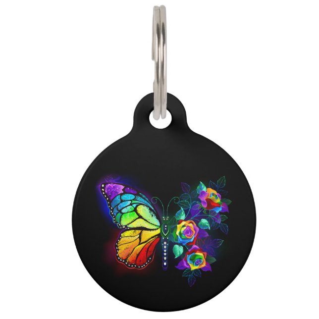 Regenboog bloem vlinder huisdierpenning (Voorkant)