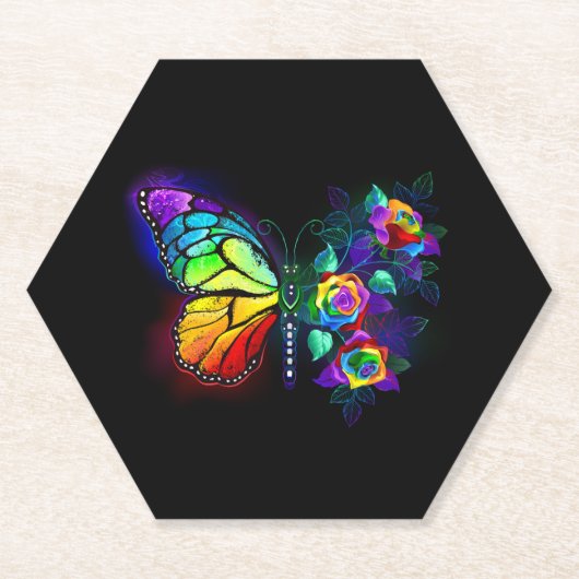 Regenboog bloem vlinder kartonnen onderzetters (Voorkant)
