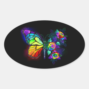 Regenboog bloem vlinder ovale sticker