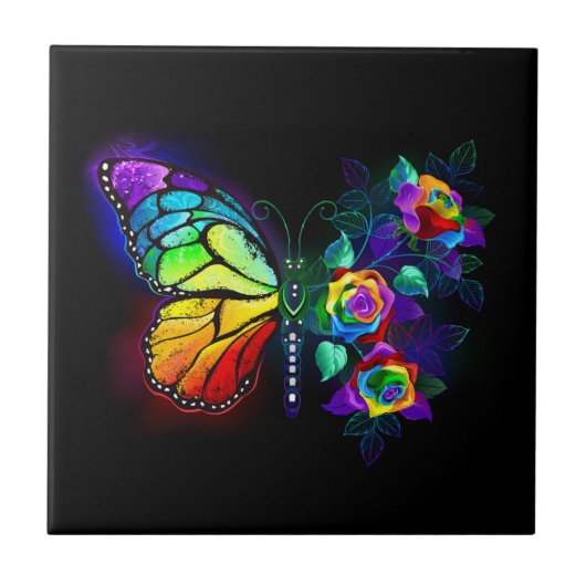 Regenboog bloem vlinder tegeltje (Voorkant)