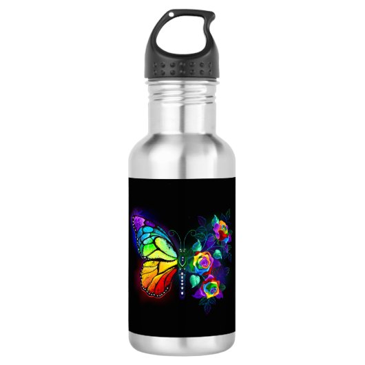 Regenboog bloem vlinder waterfles (Voorkant)