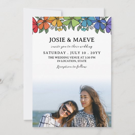 Regenboog Bloemen 2 in 1 Foto Bruiloft Uitnodiging (Voorkant)