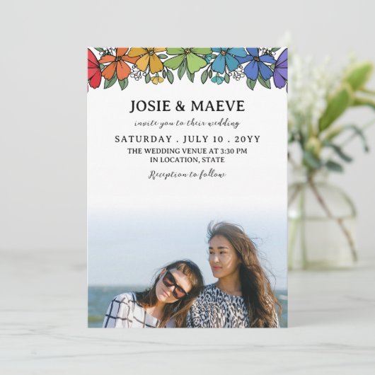 Regenboog Bloemen 2 in 1 Foto Bruiloft Uitnodiging (Staand voorkant)