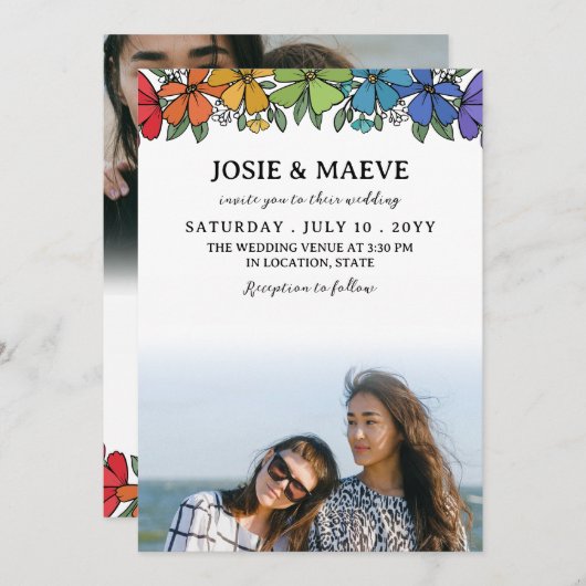 Regenboog Bloemen 2 in 1 Foto Bruiloft Uitnodiging (Voorkant / Achterkant)