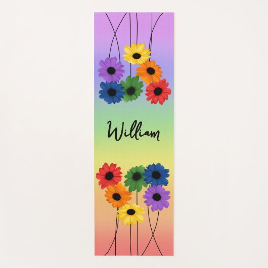 Regenboog Bloemen op lange zwarte steel Yoga Mat (Voorkant)
