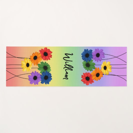 Regenboog Bloemen op lange zwarte steel Yoga Mat (Voorkant (horizontaal))