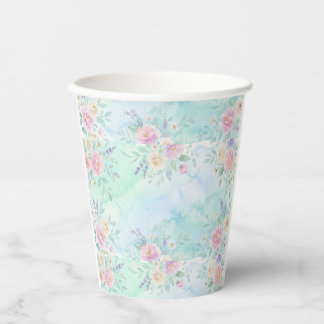 regenboog bloemig pastel waterverf blauw groene ac papieren bekers