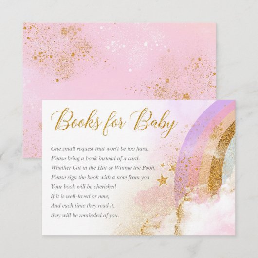 Regenboog boeken voor baby, meisje baby shower informatiekaartje (Voorkant / Achterkant)