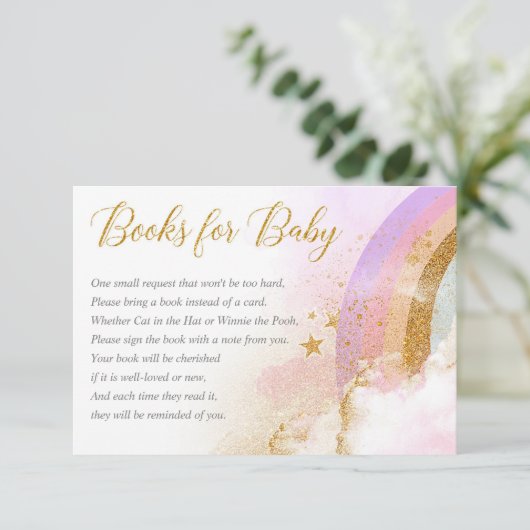 Regenboog boeken voor baby, meisje baby shower informatiekaartje (Staand voorkant)