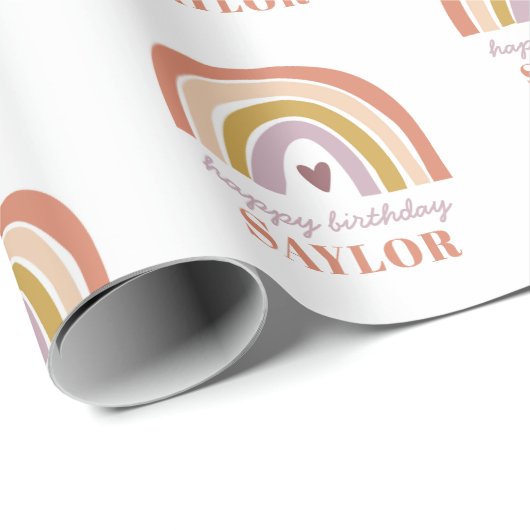 Regenboog Boho Perzik Paarse Verjaardag Verpakking Cadeaupapier (Rol Hoek)