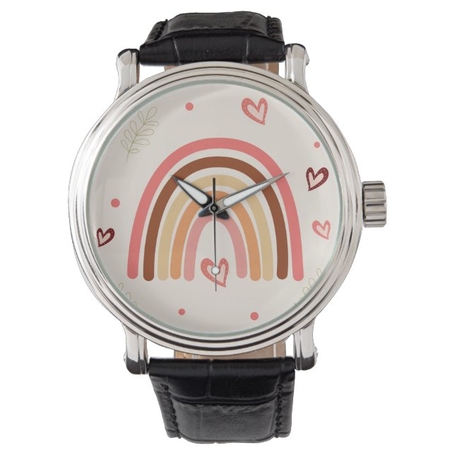 Regenboog Boho Polka Dots en Harten Neutrale Kleur Horloge (Voorkant)