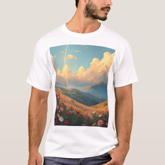 Regenboog boven bloemenveld t-shirt (Voorkant)