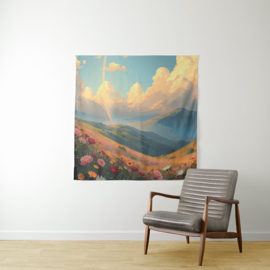 Regenboog boven bloemenveld wandkleed (In situ)